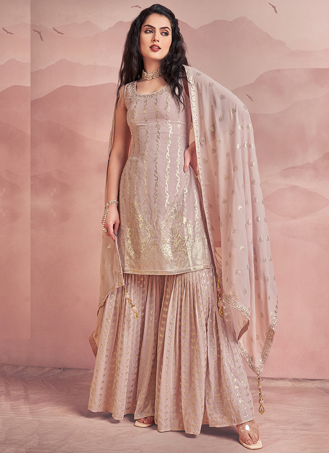 Soft Pink Sequence Embroidery Gharara Style Suit