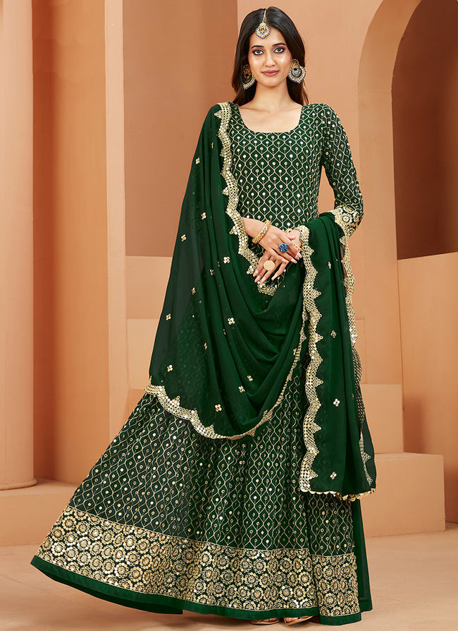 Green Mirror Work Embroidery Wedding Anarkali Suit