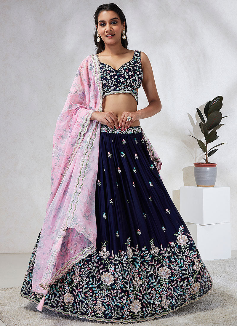 Navy Blue And Purple Multi Embroidery Wedding Lehenga Choli