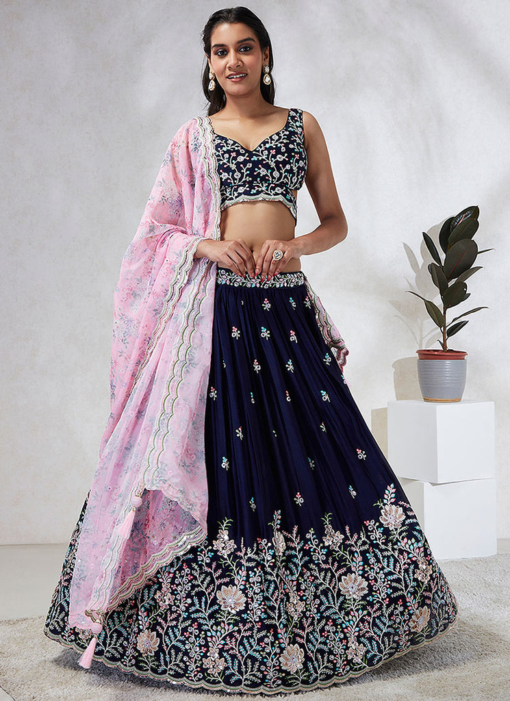 Navy Blue And Purple Multi Embroidery Wedding Lehenga Choli