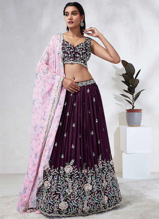 Wine And Pink Multi Embroidery Wedding Lehenga Choli
