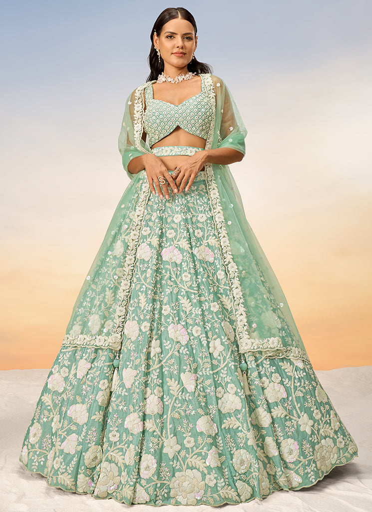 Buy Sage Green Sequence Embroidery Bridal Lehenga Choli For Indian Wedding Online | Hatkay Buy Sage Green Sequence Embroidery Bridal Lehenga Choli For Indian Wedding Online | Hatkay