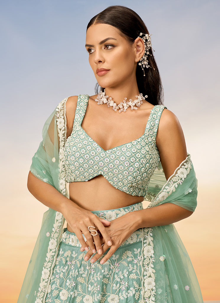 Buy Sage Green Sequence Embroidery Bridal Lehenga Choli For Indian Wedding Online | Hatkay Buy Sage Green Sequence Embroidery Bridal Lehenga Choli For Indian Wedding Online | Hatkay