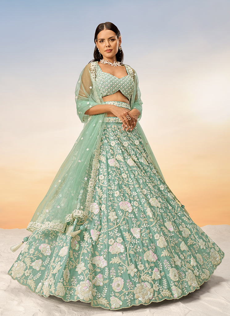 Buy Sage Green Sequence Embroidery Bridal Lehenga Choli For Indian Wedding Online | Hatkay Buy Sage Green Sequence Embroidery Bridal Lehenga Choli For Indian Wedding Online | Hatkay