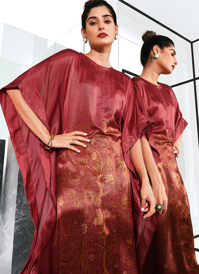 Buy Indian Dress In Vermont Cherry Red Digital Printed Poncho And Pant Co ord Set