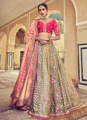Pink Golden Multi Embroidery Wedding Lehenga Choli