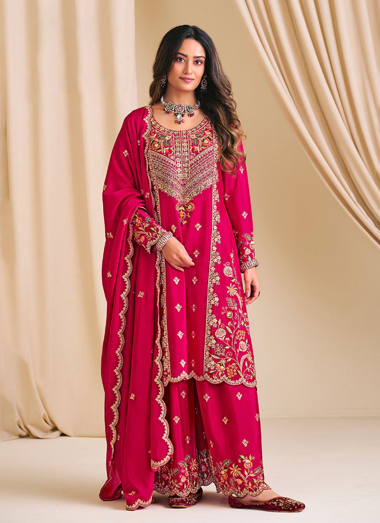 Magenta Multi Embroidery Wedding Palazzo Suit