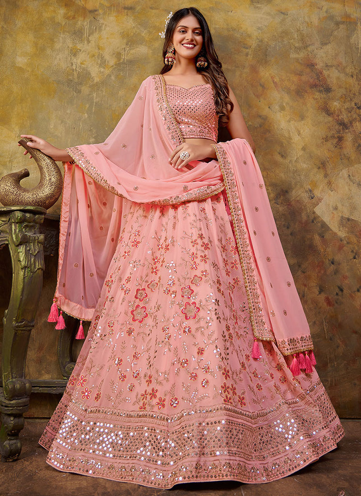 Peach Multi Sequence Embroidery Lehenga Choli For Wedding