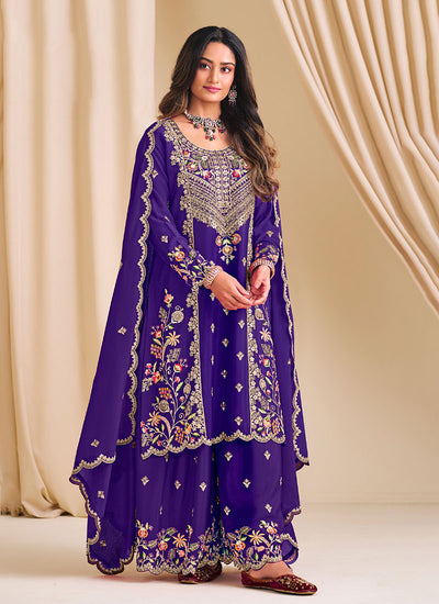 Violet Multi Embroidery Wedding Palazzo Suit