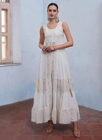 White Thread And Sequence Embroidery Slit Style Anarkali Pant Suit