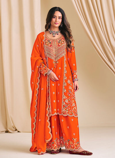 Orange Multi Embroidery Wedding Palazzo Suit