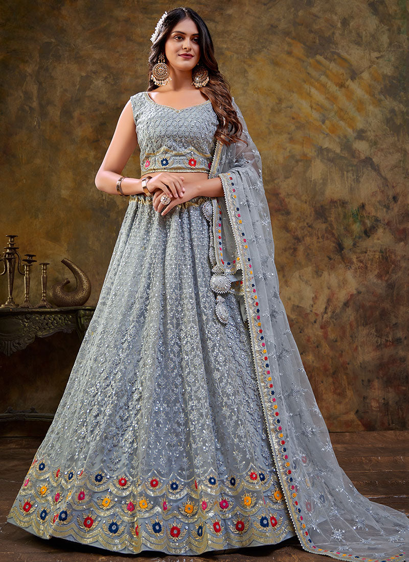 Blue Multi Sequence Embroidery Lehenga Choli For Wedding