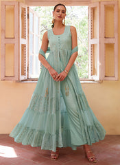Sky Blue Thread And Sequence Embroidery Slit Style Anarkali Pant Suit