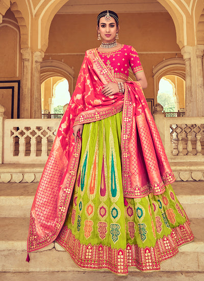 Green And Pink Multi Embroidery Wedding Lehenga Choli