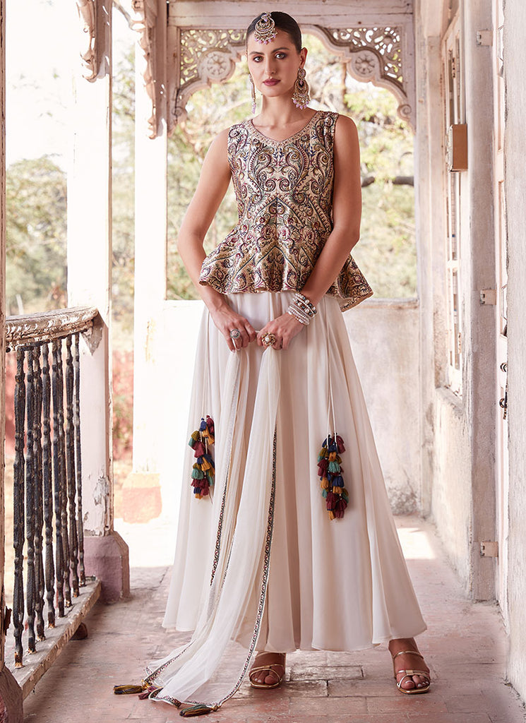 Buy White Multicoloured Sequence Embroidery Printed Sharara Suit Online | Hatkay Buy White Multicoloured Sequence Embroidery Printed Sharara Suit Online | Hatkay