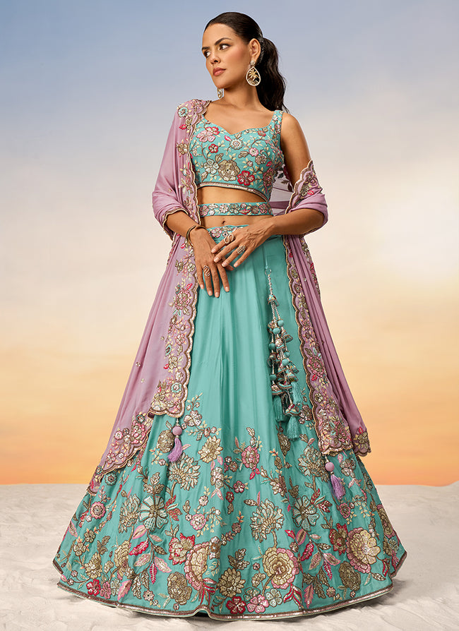 Buy Teal Blue Multi Embroidery Bridal Lehenga Choli