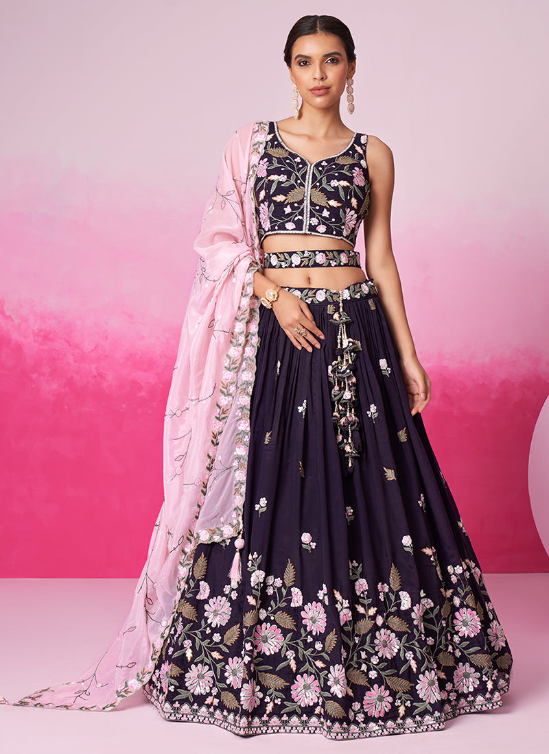 Deep Purple Multi Embroidery Bridal Lehenga Choli