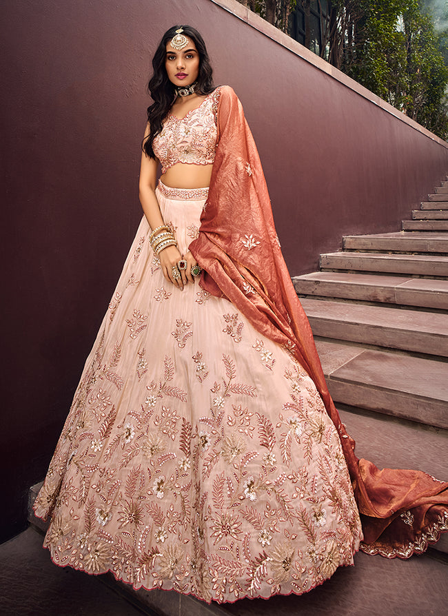 Buy Traditional Lehenga Choli In Azerbaijan Peach Rust Multi Embroidered Bridal Lehenga Choli
