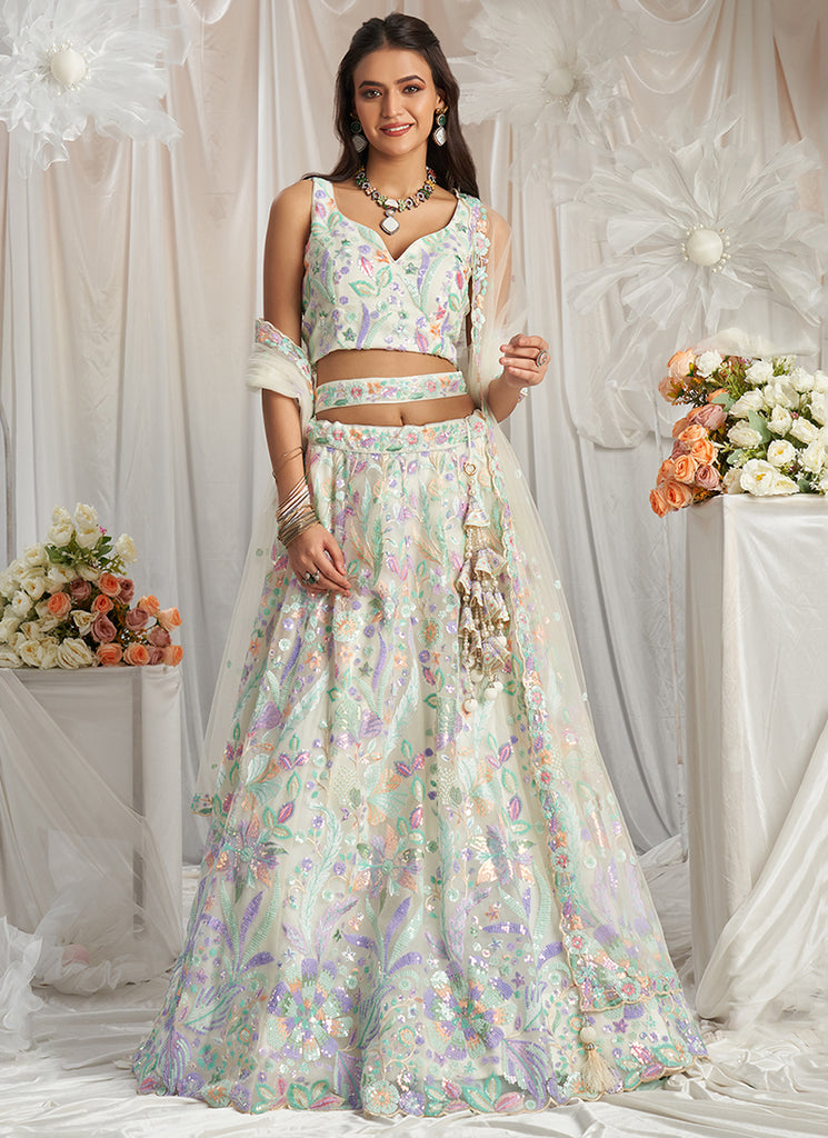 Pearl White Multi Embroidered Bridal Lehenga Choli