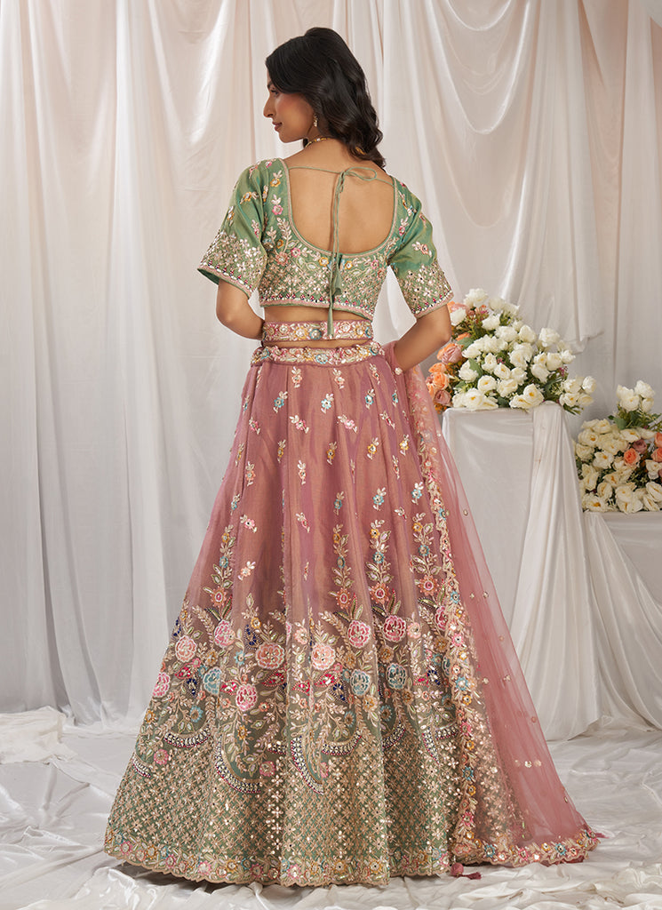 Buy Pink And Sage Green Multi Embroidery Designer Lehenga Choli Online | Hatkay Buy Pink And Sage Green Multi Embroidery Designer Lehenga Choli Online | Hatkay