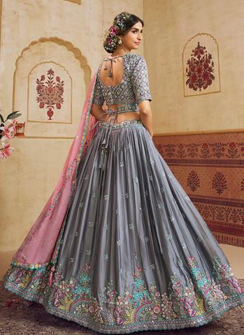 Grey And Pink Multi Designer Lengha Choli