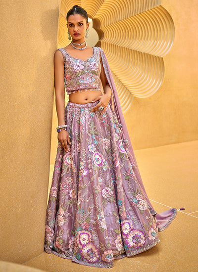 Mauve Purple Floral Embroidered Bridal Lehenga Choli