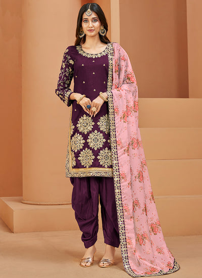 Purple Embroidery Silk Festive Salwar Suit