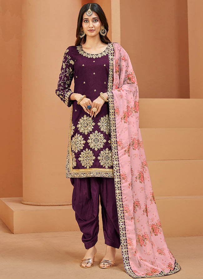 Purple Embroidery Silk Festive Salwar Suit