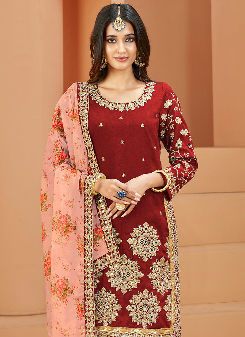 Bridal Red Embroidery Silk Festive Salwar Suit