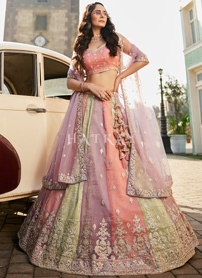 Pink Lavender Multicolored Embroidery Bridal Lehenga Choli