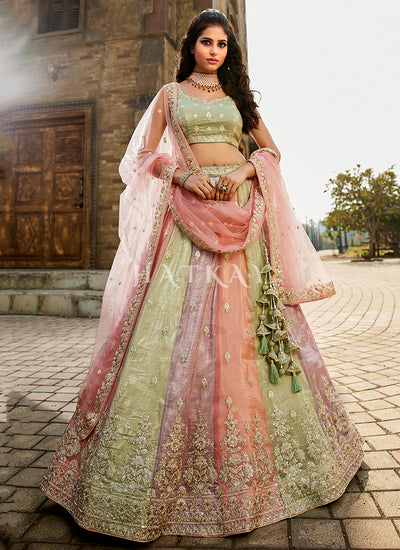 Green Lavender Multicolored Embroidery Bridal Lehenga Choli