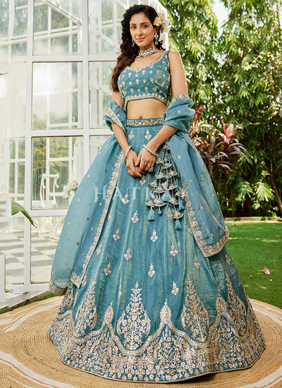 Teal Blue Traditional Embroidery Bridal Lehenga Choli