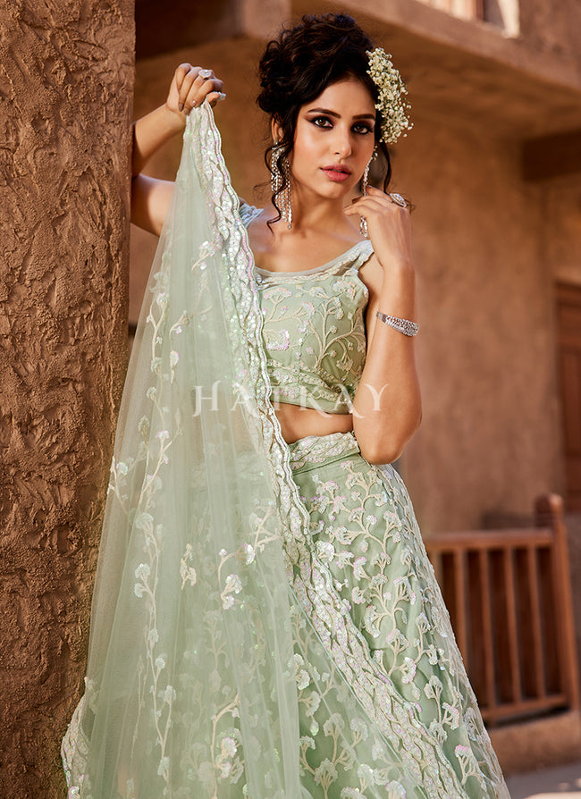 Mint Green Traditional Embroidery Bridal Lehenga Choli