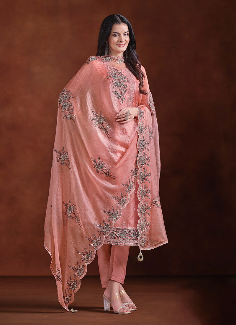 Peach Embroidery Traditional Pant Suit