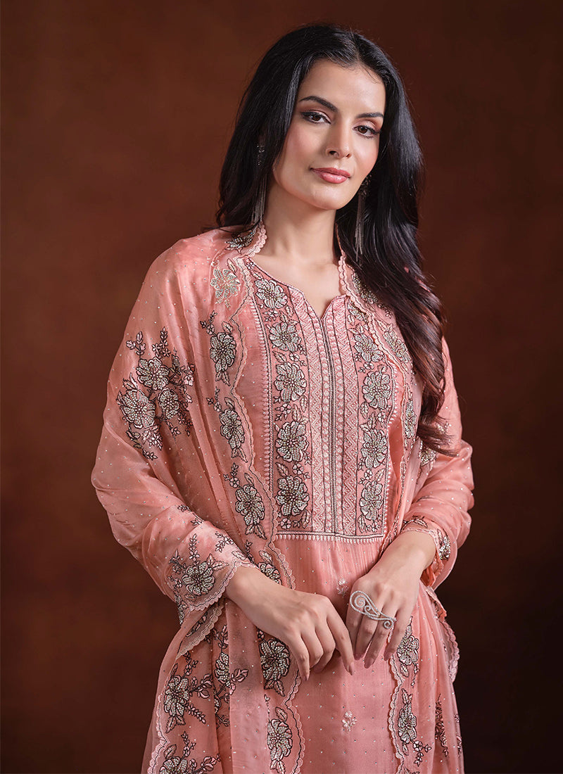 Peach Embroidery Traditional Pant Suit