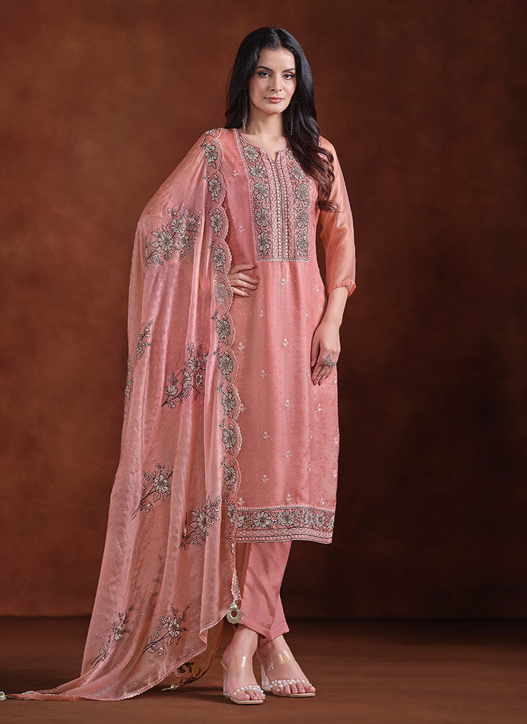 Peach Embroidery Traditional Pant Suit