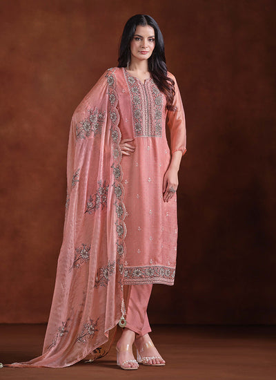 Peach Embroidery Traditional Pant Suit