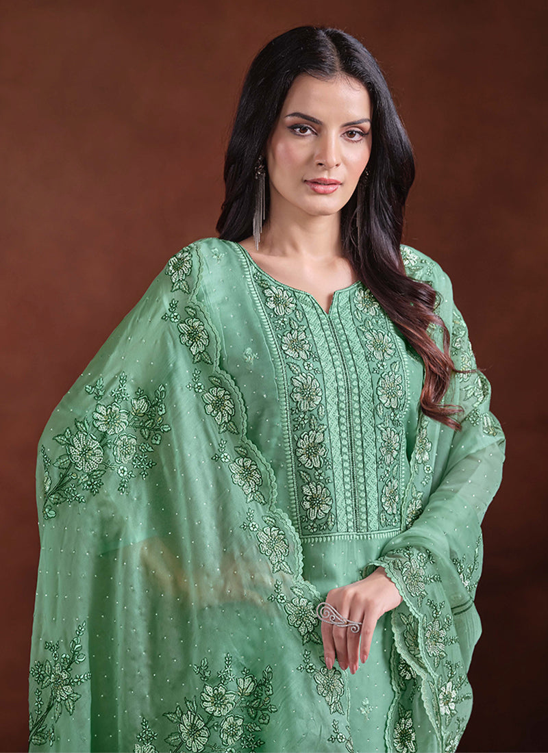 Sea Green Embroidery Traditional Pant Suit
