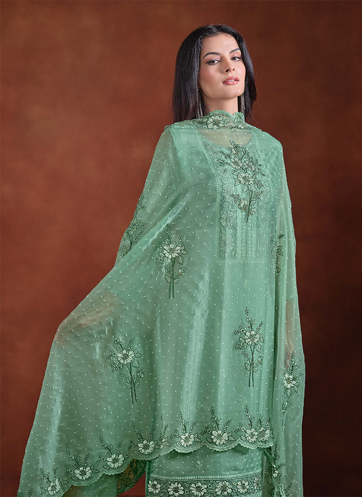 Sea Green Embroidery Traditional Pant Suit