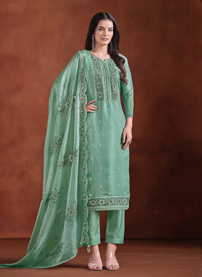 Sea Green Embroidery Traditional Pant Suit