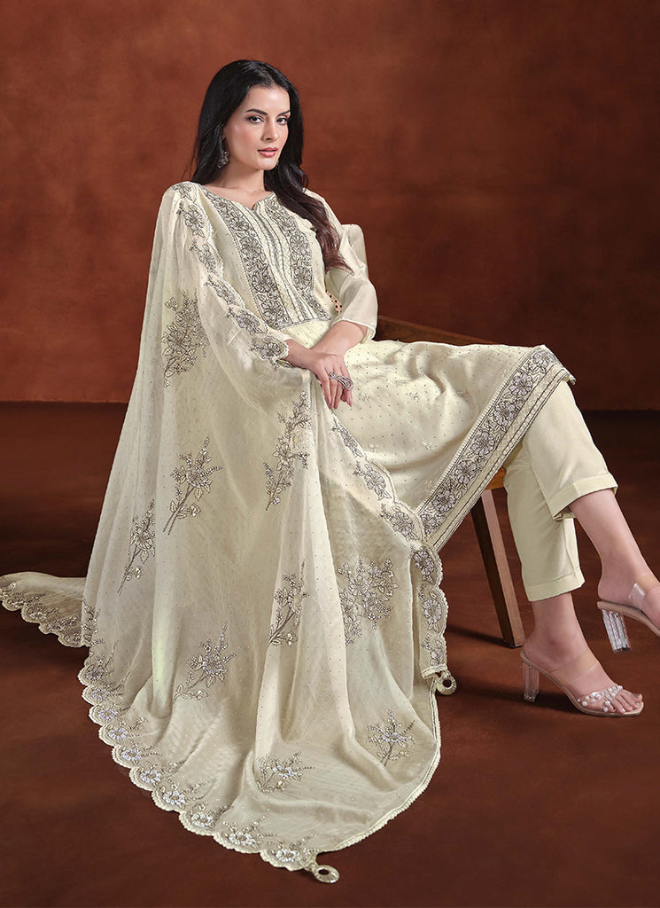 Off White Embroidery Traditional Pant Suit
