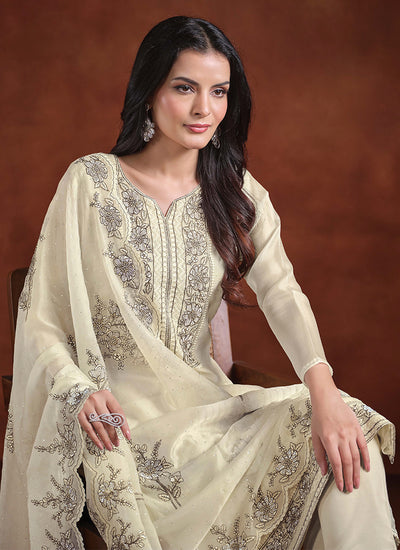 Off White Embroidery Traditional Pant Suit