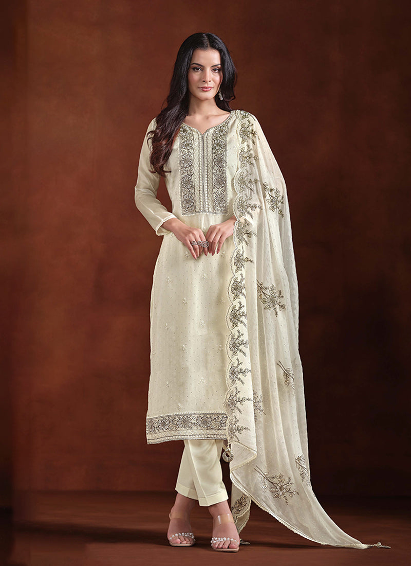 Off White Embroidery Traditional Pant Suit