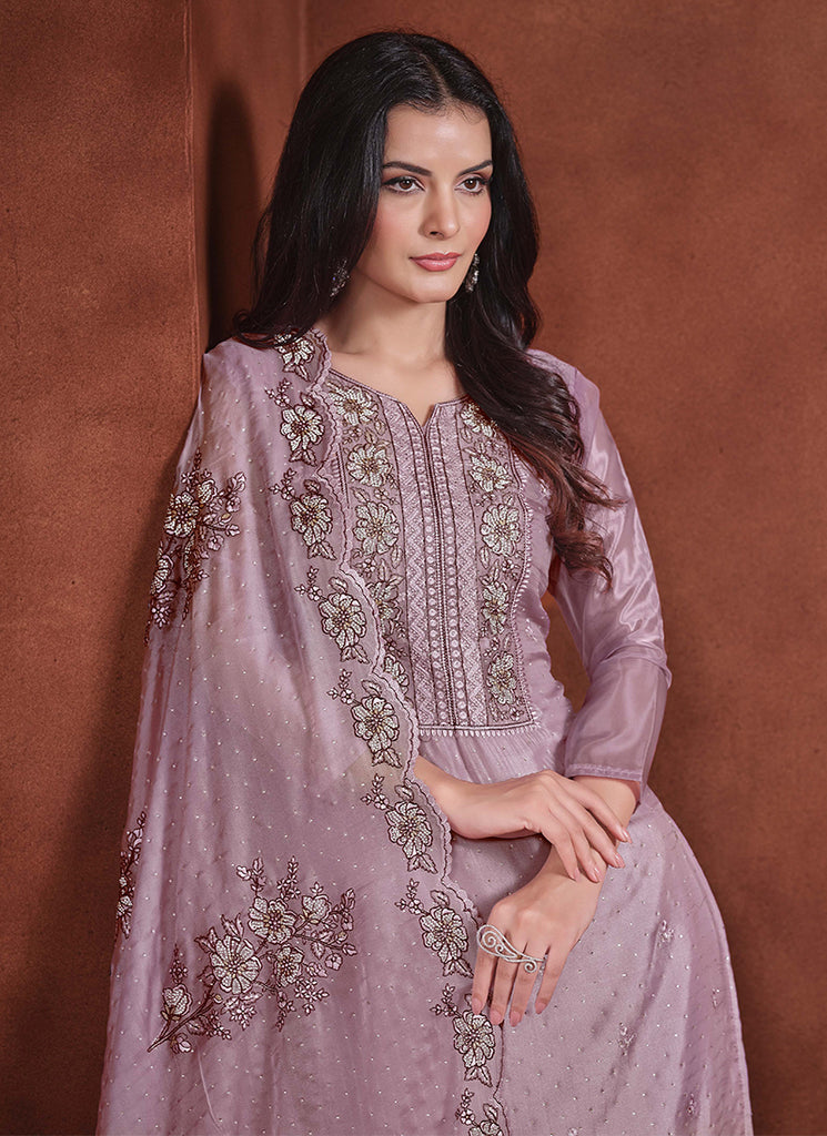 Lavender Embroidery Traditional Pant Suit
