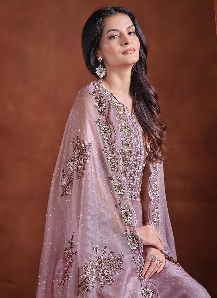 Lavender Embroidery Traditional Pant Suit