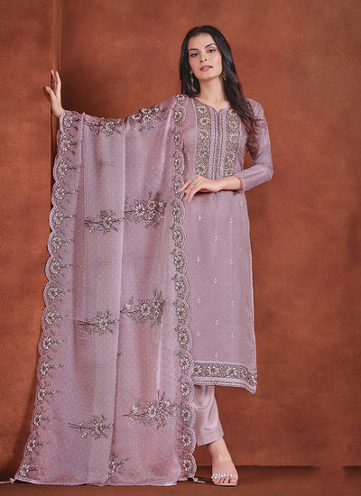 Lavender Embroidery Traditional Pant Suit