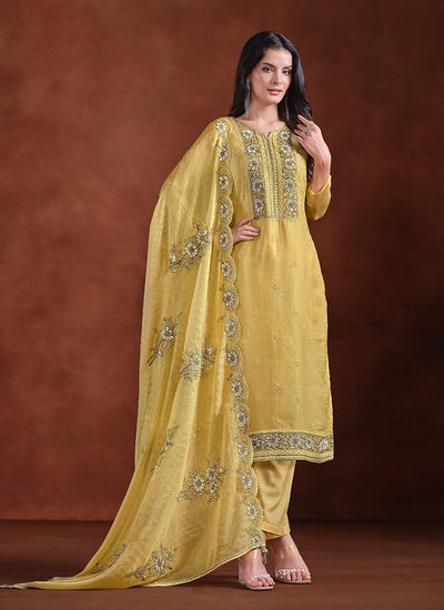 Yellow Embroidery Traditional Pant Suit