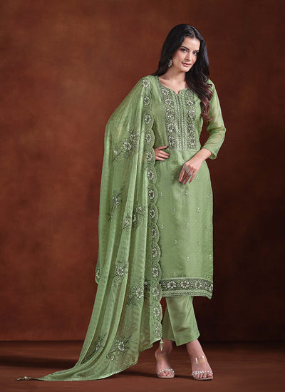 Light Green Embroidery Traditional Pant Suit