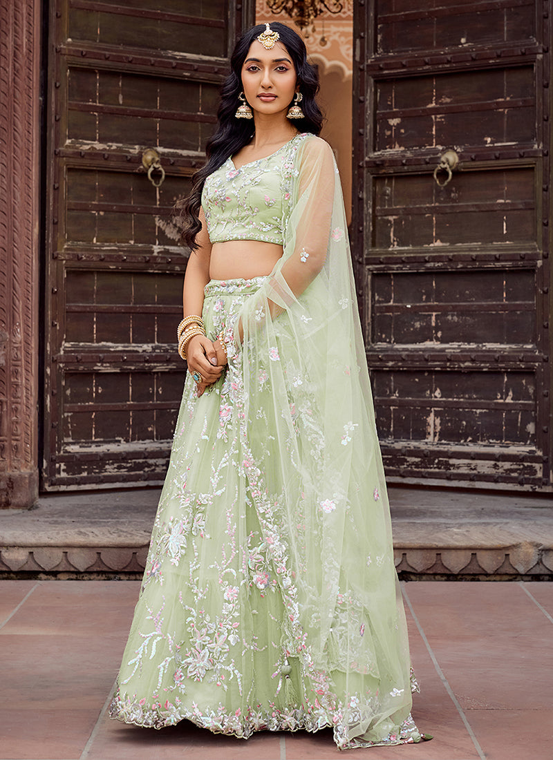 Pastel Green Multi Embroidery Lehenga Choli - Hatkay.com