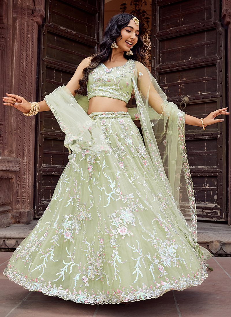 Women Pastel Green Designer Lehengas Choli 
